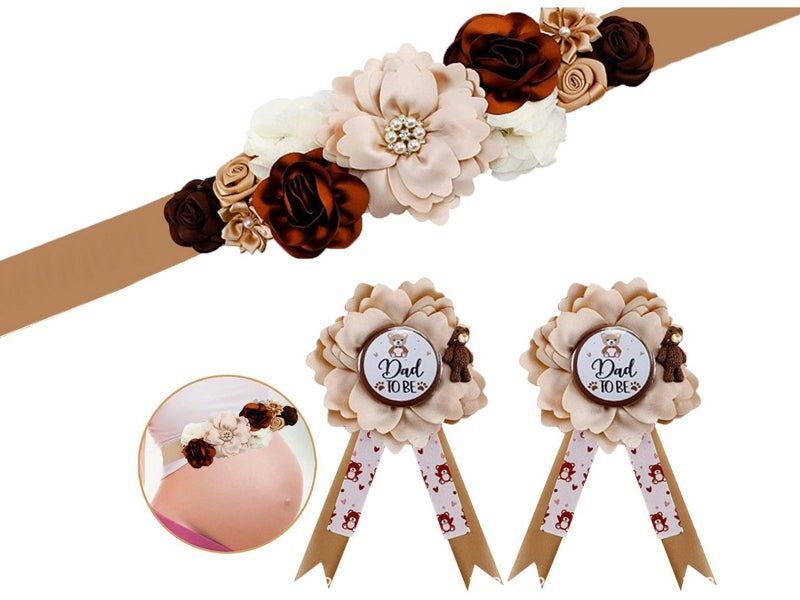 Maternity Sash and Corsage Kit Gender Reveal Party Keepsake Photo Props - Brown Carousel 1