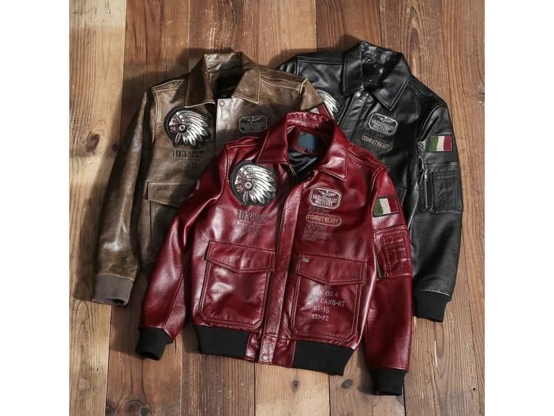 Classic Indian Embroidery Leather Jacket Men Aviation Fight Coat Genuine Carousel 2