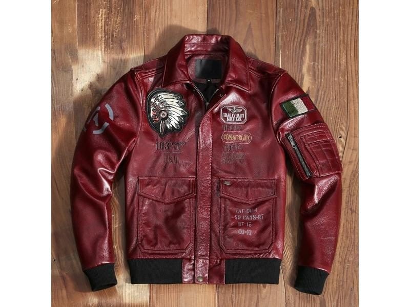Classic Indian Embroidery Leather Jacket Men Aviation Fight Coat Genuine Carousel 1