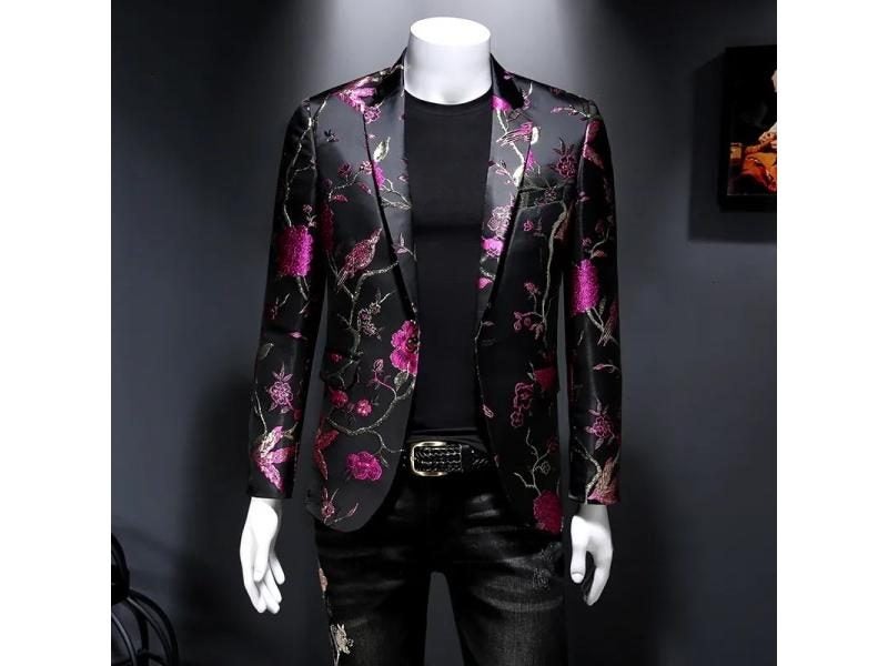 New Vintage Luxury Jacquard Men's Slim Fit Blazer Jacket For Wedding Club Party Carousel 1