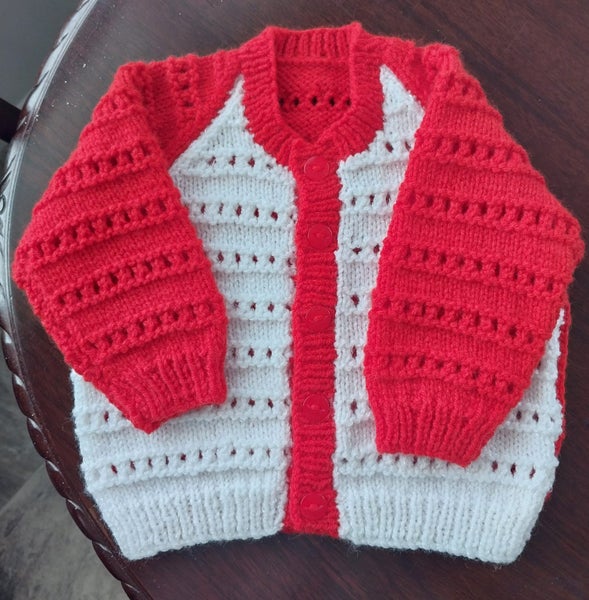hand knitted Red/White cardigan 2 - 4 months628638647331871126