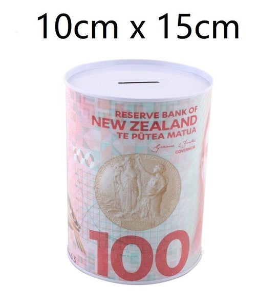Money Tin $100 NZD Note 10cm x 15cm Piggy Bank Money Box Money Jar Carousel 1