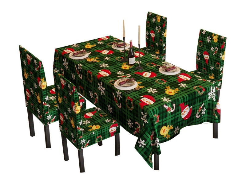 100x140cm Christmas Theme Tablecloth and 4 Chair Covers Set - Green Plaid Carousel 1