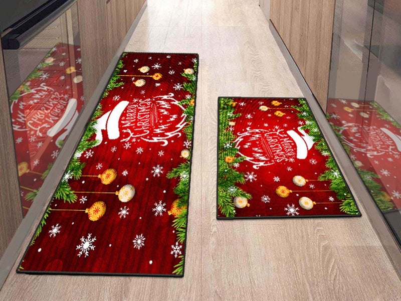 2Pcs 50x80cm + 50x120cm Christmas Kitchen Floor Mat Set Indoor Doormat - Style 4 Carousel 1