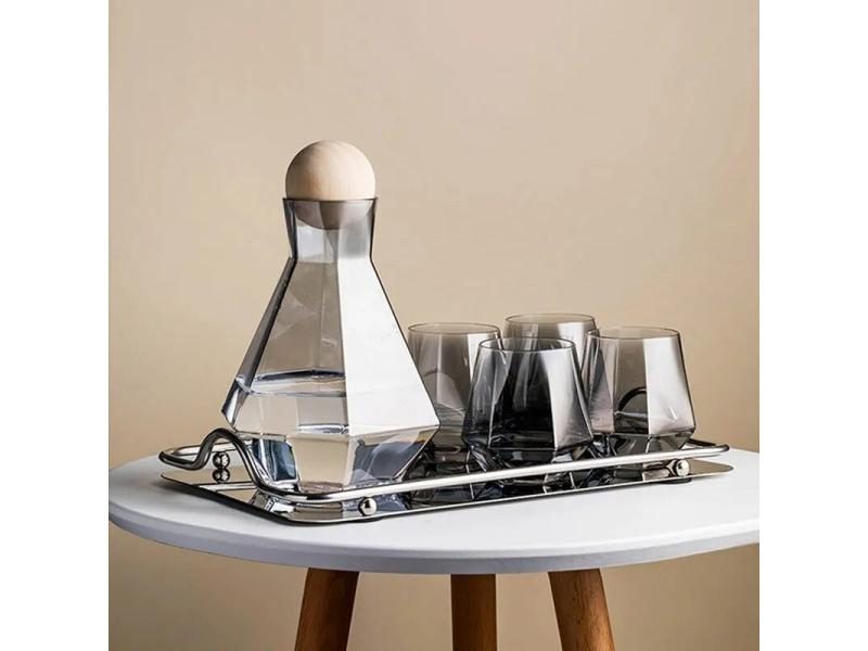Geometric Glass Water Pots Set With Wood Lid For Home Drinking Carousel 2