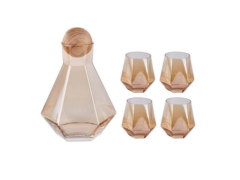Geometric Glass Water Pots Set Carafe With Wood Lid Decanter Pitcher Wine Carousel 1