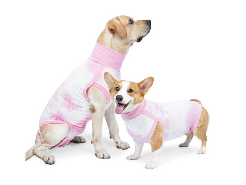 Dog Recovery Suit Pet Recovery Shirt Dog Abdominal Wounds Care Clothes - Pink L Carousel 1
