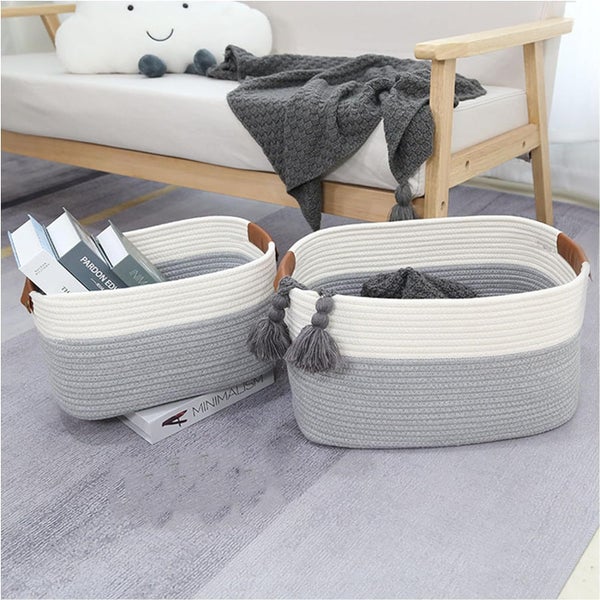 Woven Rope Basket with PU Handles-White/Grey Carousel 1
