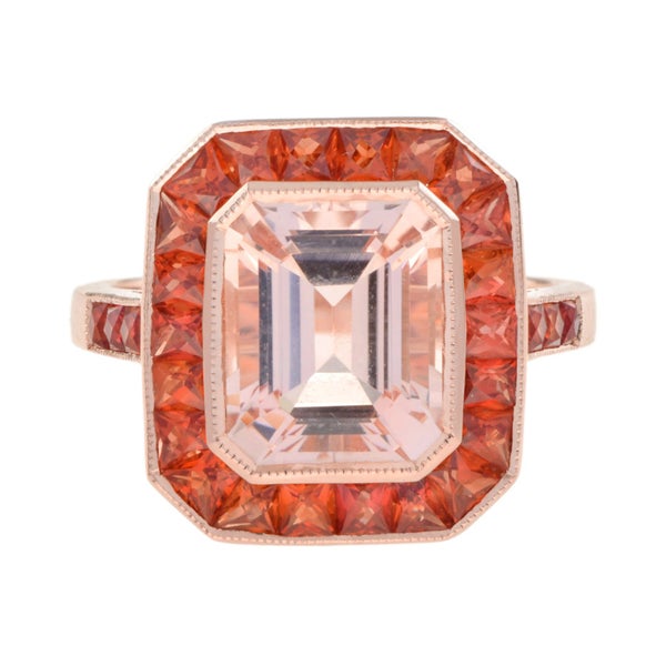 Art Deco Style 18k Rose Gold 3.85ctw Morganite & Orange Sapphire Halo Ring Carousel 1