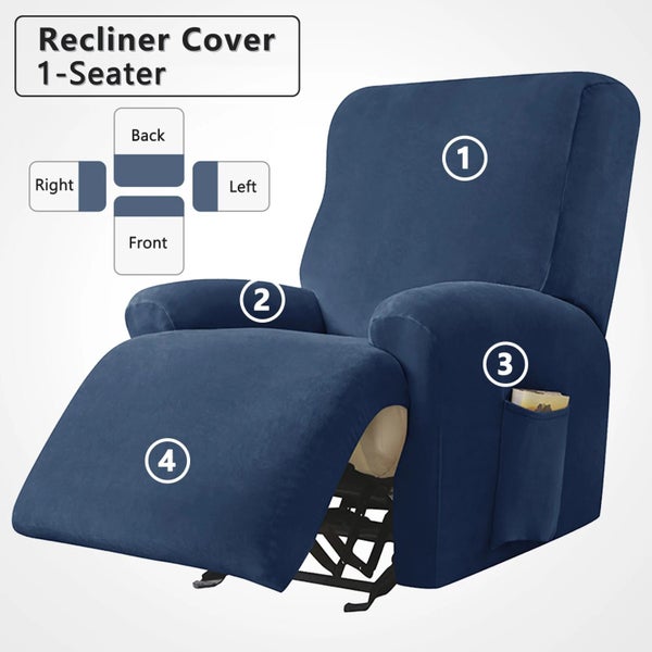 Velvet 1-Seater Recliner Chair Cover With Side Pockets 4 Pieces Carousel 1