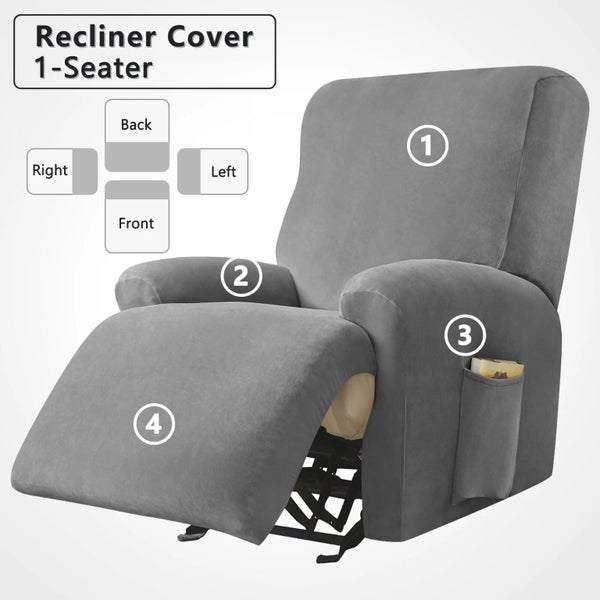 Velvet 1-Seater Recliner Chair Cover With Side Pockets 4 Pieces Carousel 2
