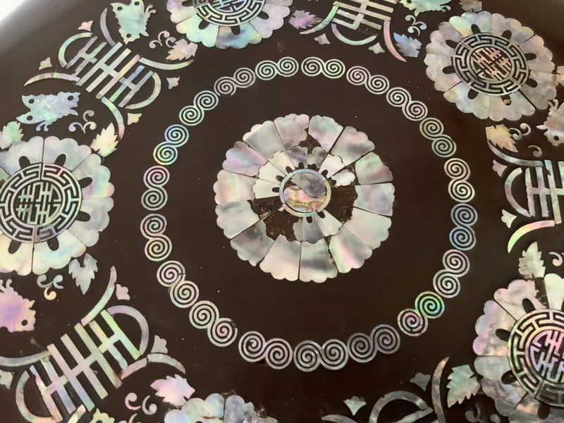 OLD CHINESE LACQUERED LARGE JEWELLERY BOX = MOTHER OF PEARL INSERT = HEXAGONAL Carousel 2