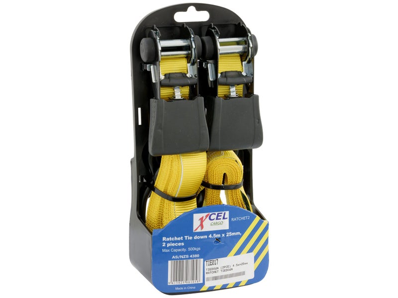 Ratchet Tie Down Straps - Pack of 2 - Heavy Duty - 4.5m x 25mm 500kg Carousel 1