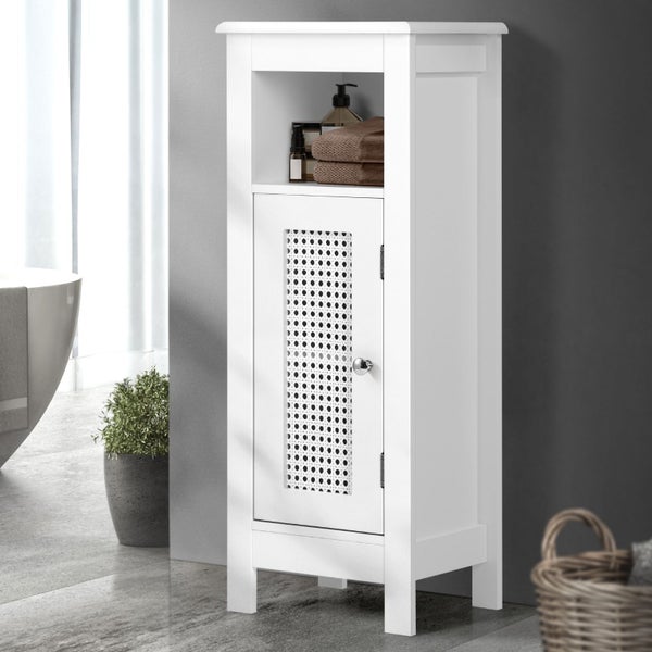 Oikiture Bathroom Cabinet Floor Cupboard Slim Laundry Storage Rattan Door White Carousel 1