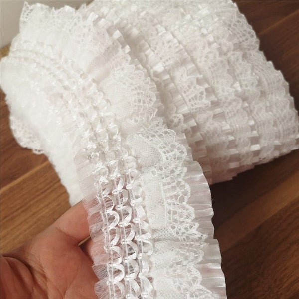 7CM Wide White 3D Lace Applique Embroidery Collar Ribbon Elastic Ruffle T CHK12N Carousel 5