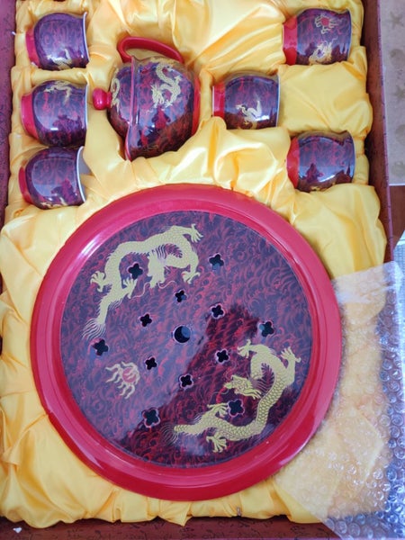 CHINESE PORCELAIN DRAGONS PAINTED TEA SET TEAPOT 6 CUPS PLATE & BOWL Carousel 2