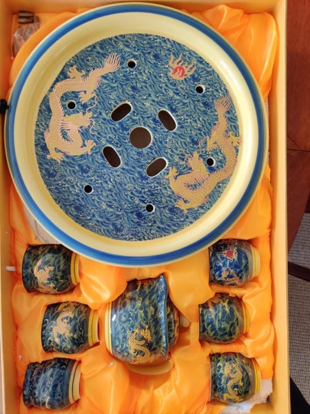 CHINESE PORCELAIN DRAGONS PAINTED TEA SET TEAPOT 6 CUPS PLATE & BOWL Carousel 1