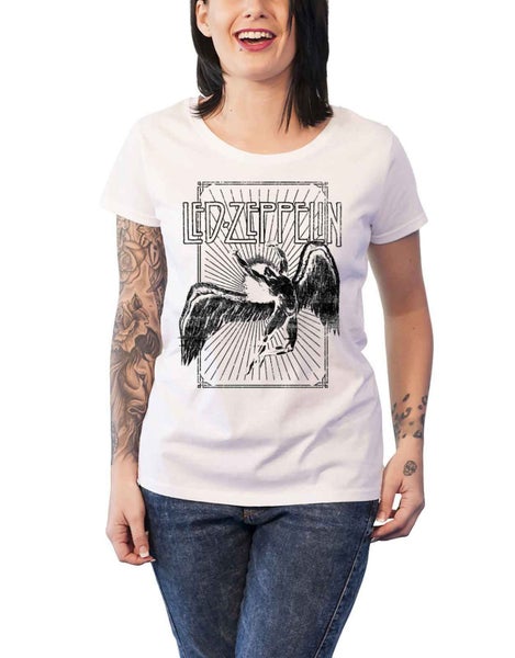 Led Zeppelin T Shirt Icarus Burst Band Logo new Official Womens Skinny Fit White Carousel 1
