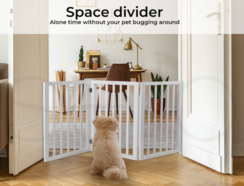 Wooden Pet Gate Dog Fence Retractable Barrier Portable Door 3 Panel White Carousel 2
