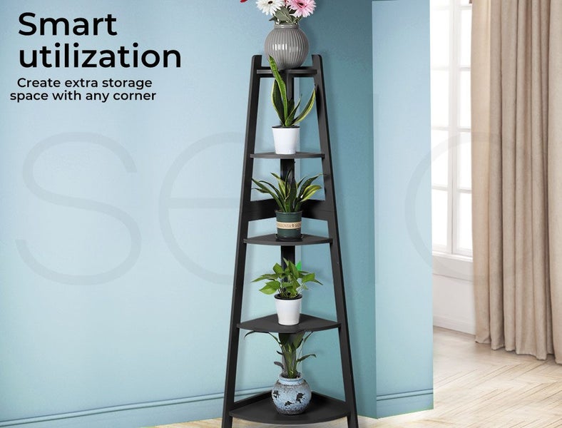 Levede 5 Tier Corner Shelf Wooden Storage Home Display Rack Plant Stand Black Carousel 2