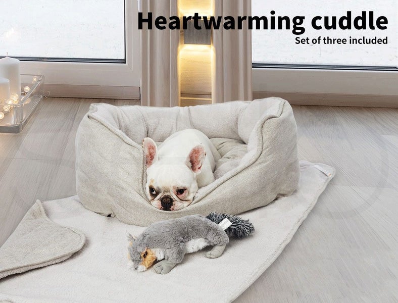 Pawz Pet Bed Set Dog Cat Quilted Blanket Squeaky Toy Calming Warm Soft Beige XL Carousel 2