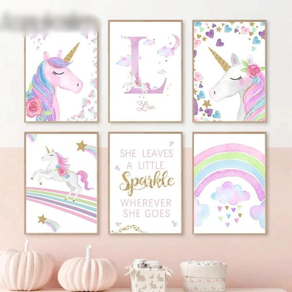Custom Name Art Prints Rainbow Wall Poster Unicorn Print Pictures Star Mo CHK12N Carousel 2