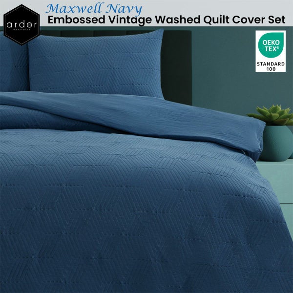 Ardor Maxwell Navy Embossed Vintage Washed Quilt Cover Set Carousel 2