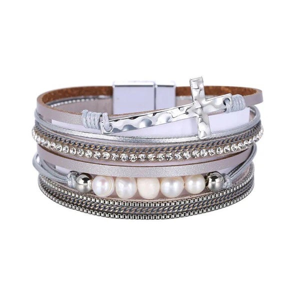 Leather Bracelets for Women Pearl Rhinestone Crystal Metal Charm Wide Mul CHK12N Carousel 2