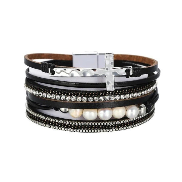 Leather Bracelets for Women Pearl Rhinestone Crystal Metal Charm Wide Mul CHK12N Carousel 1
