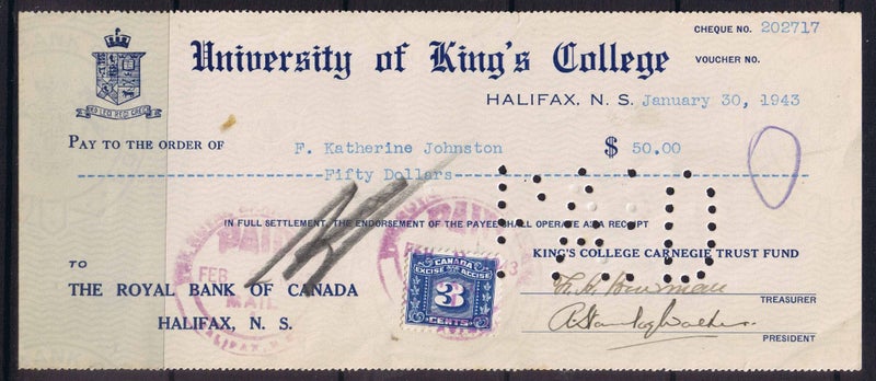 Canada 1943 cheque, with duty stamp affixed. Univ of King's College, Halifax, NS Carousel 1