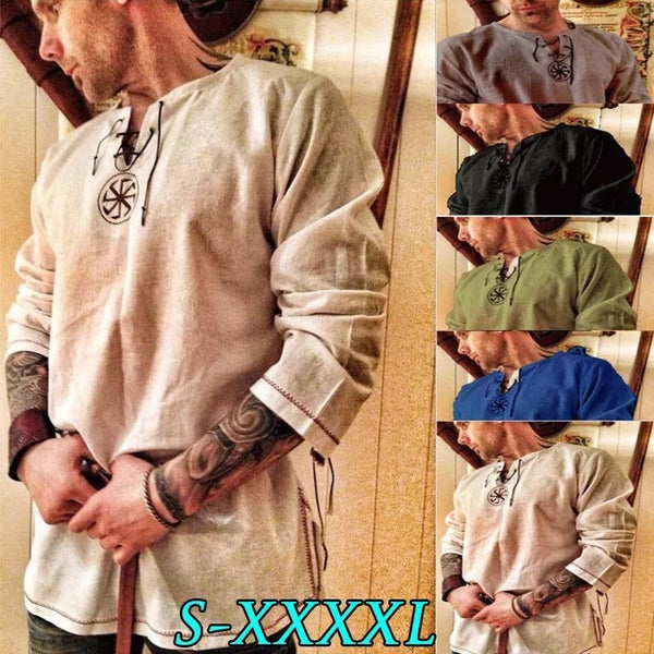 Vintage Style Men's Ancient Viking Linen Shirt Medieval Cosplay Costume M CHK12N Carousel 2