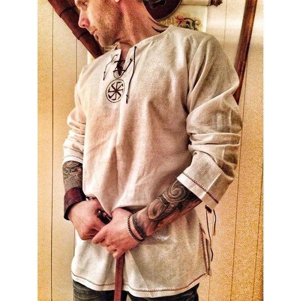 Vintage Style Men's Ancient Viking Linen Shirt Medieval Cosplay Costume M CHK12N Carousel 1