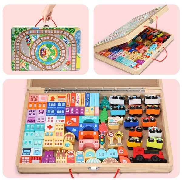 Wooden Train Box with trains tracks and toys and storage Carousel 1