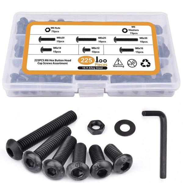 225PCS M6 x 12/14/16/20/25/30mm Button Head Hex Socket Cap Screws Carousel 1