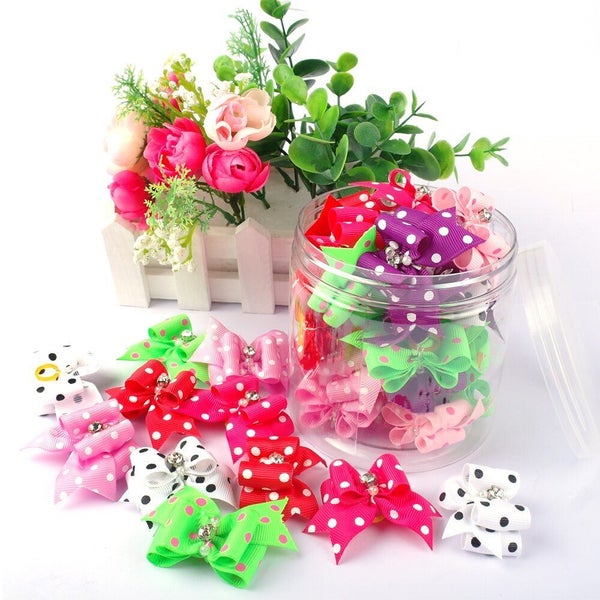 Dog Hair Bows With Rubber Bands Crystal Rhinestone For Long Hair Small Dog Cat Carousel 1