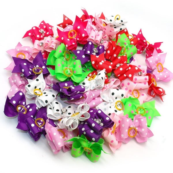 Dog Hair Bows With Rubber Bands Crystal Rhinestone For Long Hair Small Dog Cat Carousel 1