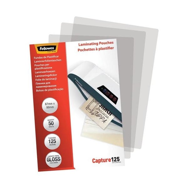 Fellowes Laminating Pouches 67x99mm 125 Micron Pack 50 Carousel 1