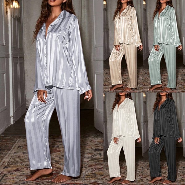 Women Pajama Sets Long Sleeve Top Trousers Silk Home Suit Spring Loose Co CHK12N Carousel 2