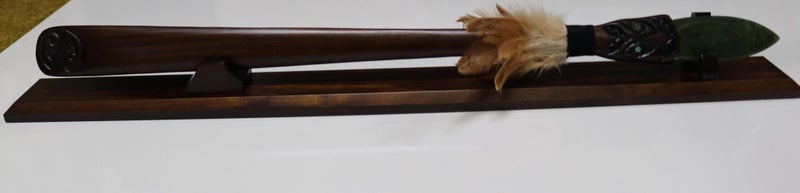 New Zealand Wood and Greenstone Taiaha with base Carousel 1