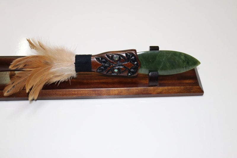 New Zealand Wood and Greenstone Taiaha with base Carousel 2