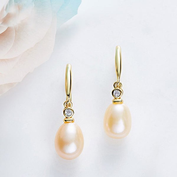 18K Gold Crystal Pearl Earrings "Natashia" (Peach) Carousel 2