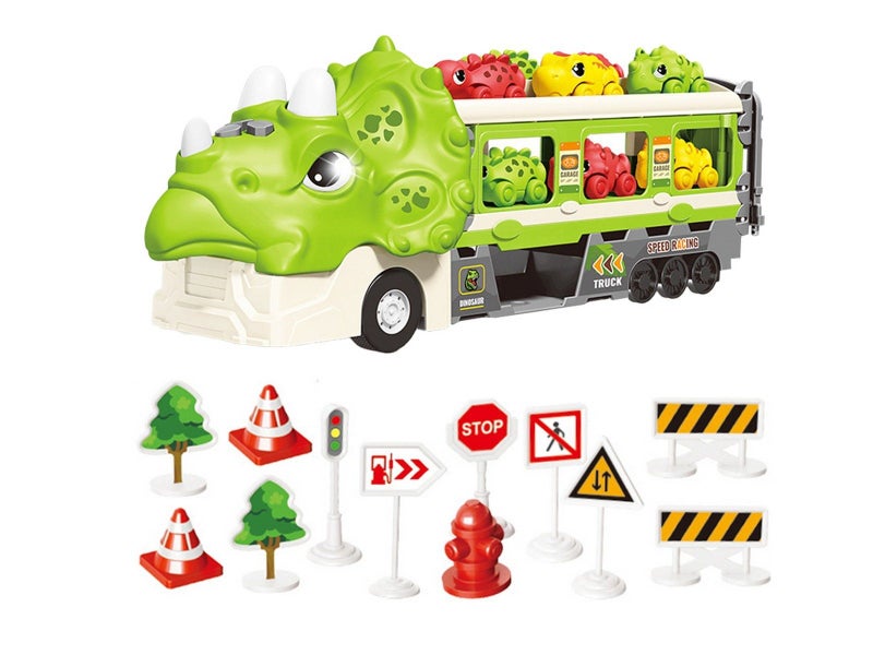 Foldable Dinosaur Truck Car Toys Set with Ejection Race Track - Green Carousel 2
