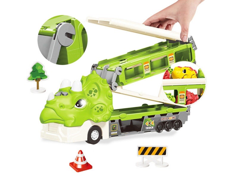 Foldable Dinosaur Truck Car Toys Set with Ejection Race Track - Green Carousel 5