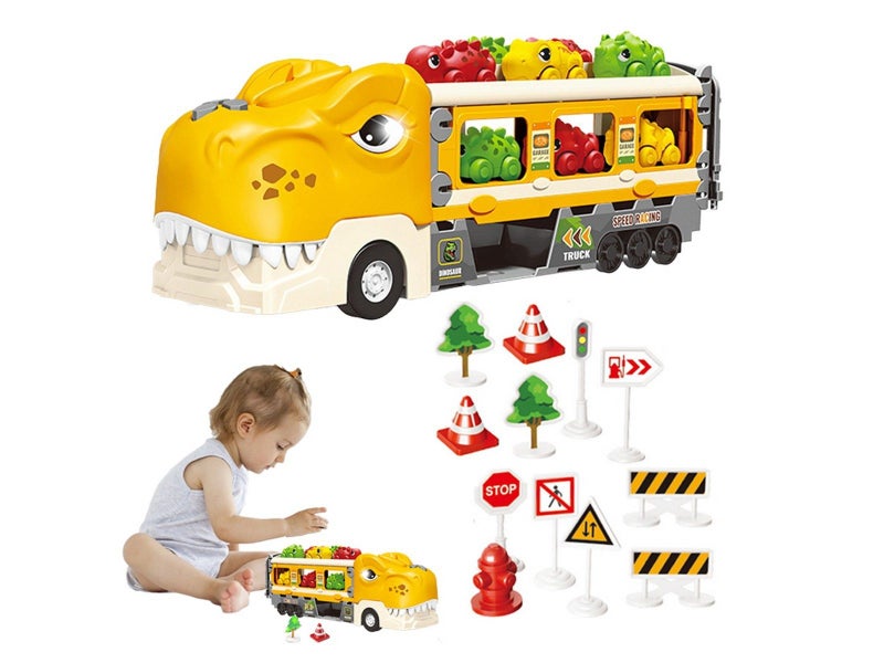 Foldable Dinosaur Truck Car Toys Set with Ejection Race Track - Yellow Carousel 1