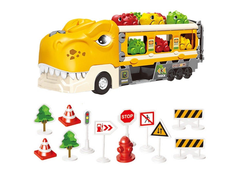 Foldable Dinosaur Truck Car Toys Set with Ejection Race Track - Yellow Carousel 2
