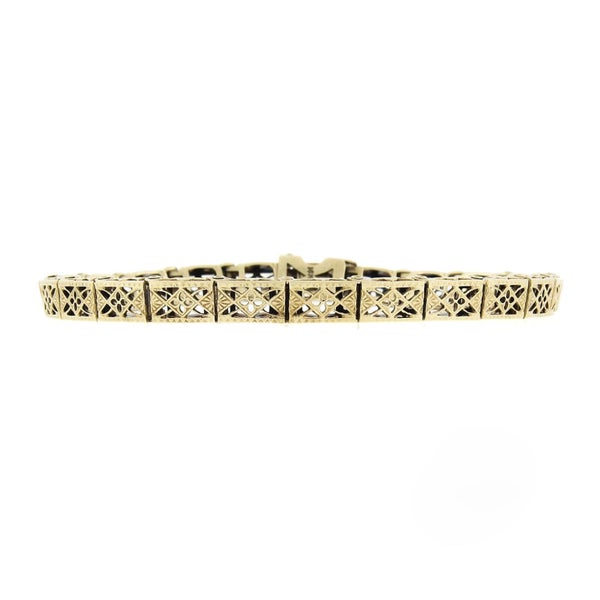 Antique Art Deco Rare 14k Yellow Gold Open Filigree Work Line Bracelet Carousel 1