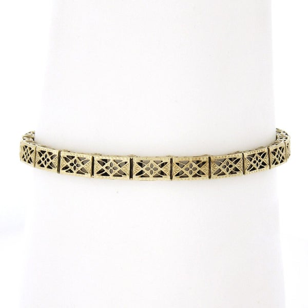 Antique Art Deco Rare 14k Yellow Gold Open Filigree Work Line Bracelet Carousel 2