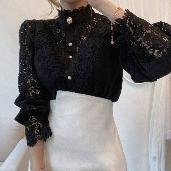 Vintage White Lace Blouse Shirts Women Button Loose Shirt Carousel 1