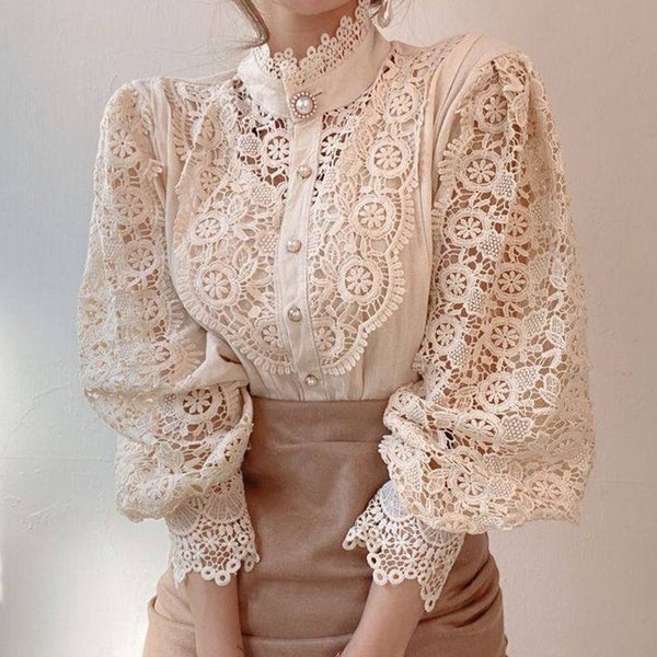 Vintage White Lace Blouse Shirts Women Button Loose Shirt Carousel 2