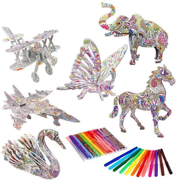 6-Pack 3D Coloring Puzzle Set with 24 Pen Markers Carousel 1